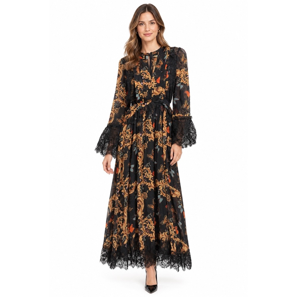 The Kooples Silk Butterfly Baroque Lace Trim Maxi Dress Black Orange V-Neck